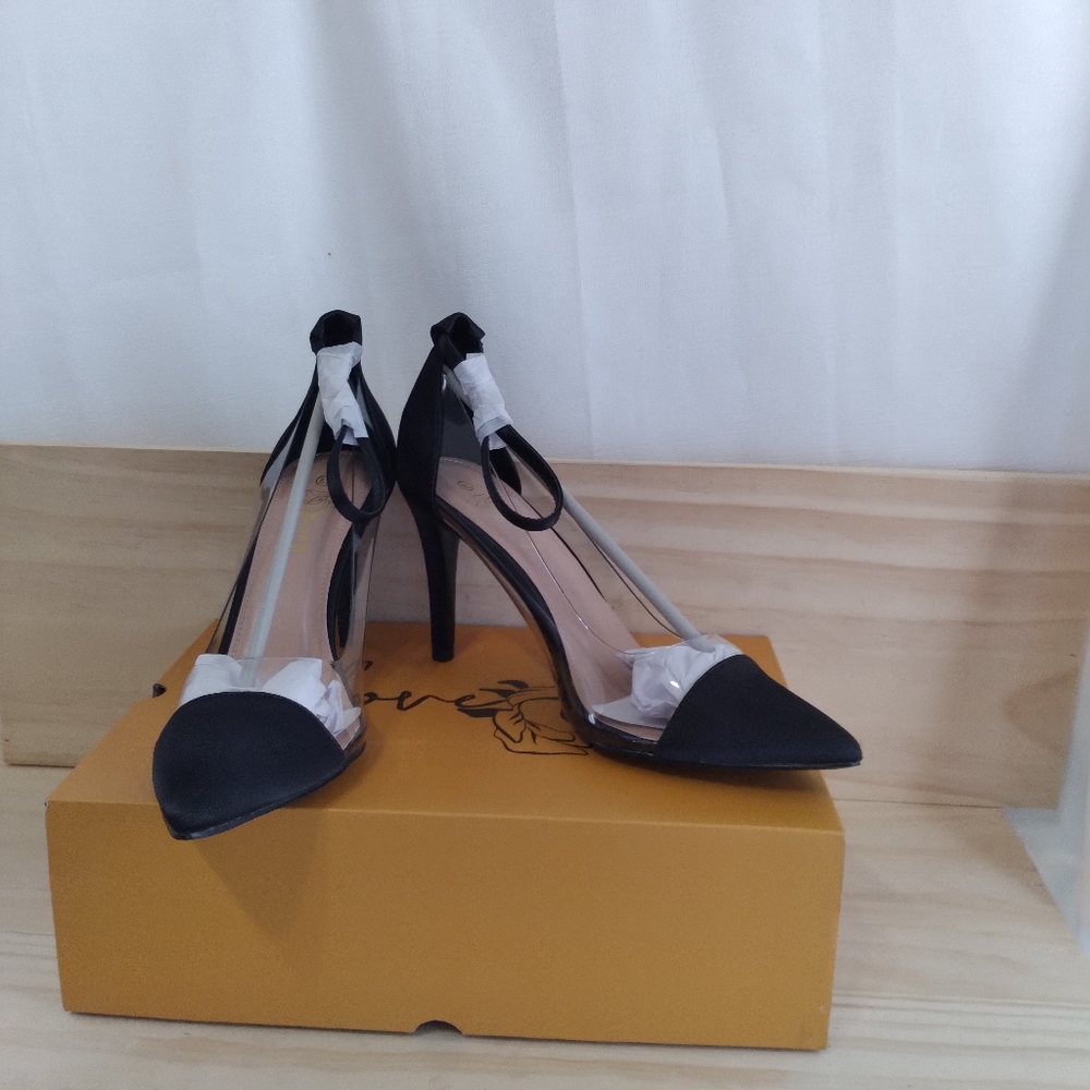 Stiletto Heels Womens Size 7.5 Black D'Orsay Faux Silk Pointed Clear Sides Nwt
